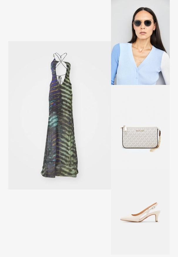 Long, sleeveless dress made from lightweight fabric featuring a multicolored abstract pattern in green, blue, and black with a deep neckline.; White slingback heel with a pointed toe, smooth upper material, low block heel, and side cut-out design with adjustable buckle strap.; Round sunglasses with dark lenses and gold frames. The model wears a light blue, ribbed cardigan with buttons and contrast white sleeves.; Michael Kors wristlet in beige coated canvas featuring a repeating MK logo pattern, gold hardware, and a detachable chain strap.