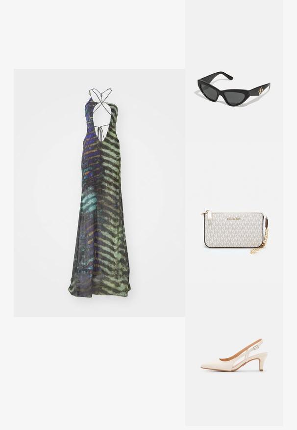 Dlhé šaty bez rukávov vyrobené z ľahkej tkaniny, s viacfarebným abstraktným vzorom v zelenej, modrej a čiernej farbe a hlbokým výstrihom.; Biele slingback topánky na podpätku s ostrou špičkou, hladkým vrchným materiálom, nízkym blokovým podpätkom a bočným výrezom s nastaviteľným remienkom na pracku.; Slnečné okuliare v tvare mačacích očí s matným čiernym plastovým rámom, tmavými sklami a zlatým logom na bočnej strane. Ostrý dizajn a hladká textúra.; Michael Kors zápästná taška v béžovej potiahnutej plátenej tkanine s opakujúcim sa vzorom loga MK, zlatým kovania a odnímateľným reťazovým popruhom.