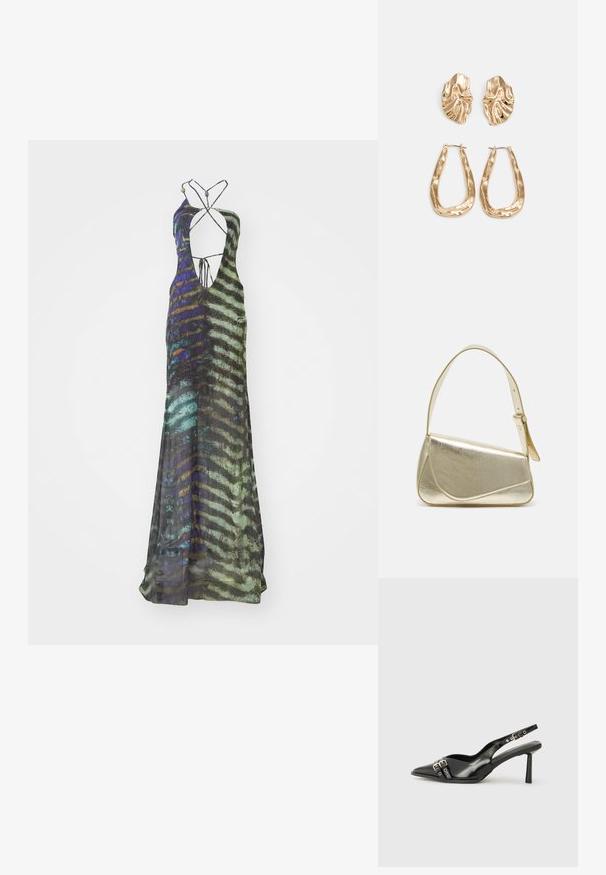 Długa, bezrękawna sukienka wykonana z lekkiego materiału, zdobiona wielokolorowym abstrakcyjnym wzorem w odcieniach zieleni, niebieskiego i czerni, z głębokim dekoltem.; Czarne lakierowane buty typu slingback z ostrym noskiem, paskami na kostkach z srebrnymi klamrami i elementami metalowymi oraz smukłym obcasem.; Złota metaliczna torebka o strukturalnym designie, gładkiej powierzchni i regulowanym pasku. Charakteryzuje się unikalnym trójkątnym kształtem i minimalistycznym przeszyciem.; Złote kolczyki w odcieniu, prezentujące teksturowane, faliste kształty. Zawierają rzeźbiarskie klipsy i otwarty projekt kółek z młotkowanym wykończeniem.