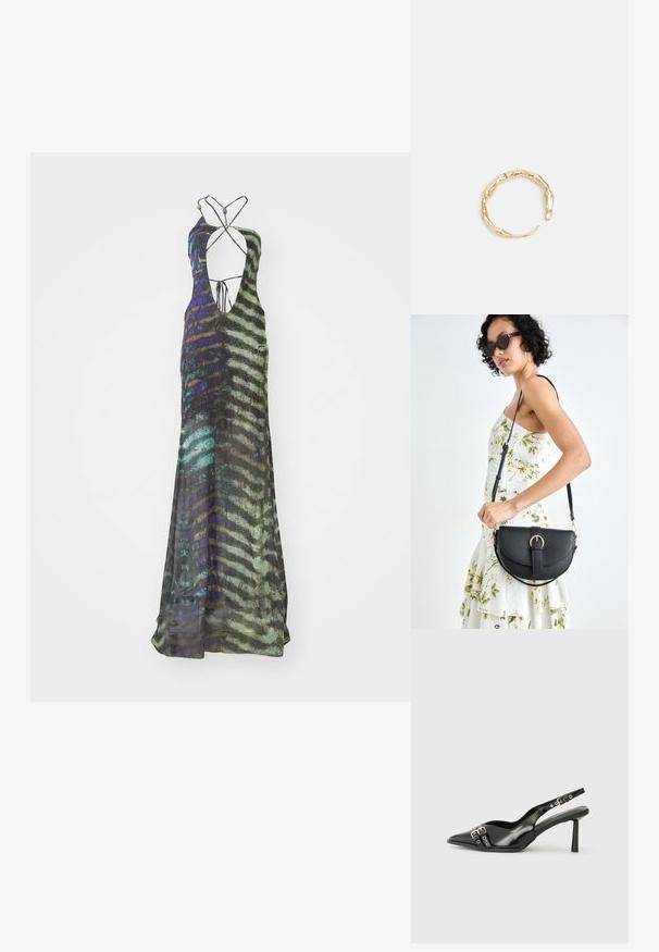 Garšs, bez piedurknēm ražots kleita no viegla auduma, kas rotāta ar daudzkrāsainu abstraktu rakstu zaļā, zilā un melnā krāsā ar dziļu dekoltē.; Melnā patentēta ādas sandale ar norādītu purngalu, potītes siksniņām ar sudraba sprādzēm un aparatūru, kā arī smalku papēdi.; Melnas ādas rokassoma ar izliekta formu, noņemamu siksnu un zelta aksesuāriem. Somai ir vāciņš ar sprādzes detaļu.; Zelta toņa gredzens ar organisku, vērptu dizainu, gludu virsmu un sašaurinātiem galiem, radot mūsdienīgu, skulpturālu izskatu.