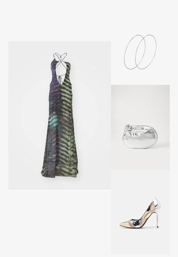 Dolga brezrokavna obleka iz lahkega materiala, ki ima večbarvni abstraktni vzorec v zeleni, modri in črni barvi ter globok dekolte.; Čevlji z visoko peto in konico, v barvni kombinaciji srebrne, zlate in nude. Sijajna obdelava z izrezljanim dizajnom, z igličasto peto.; Srebrna kovinska torbica z mehko, zaobljeno obliko in zavezano zgornjo zaporo. Narejena iz gladkega umetnega usnja.; Srebrne uhane v obliki obroča z minimalističnim dizajnom. Krožna oblika, gladka tekstura in tanek profil. Lahki s poliranim zaključkom.