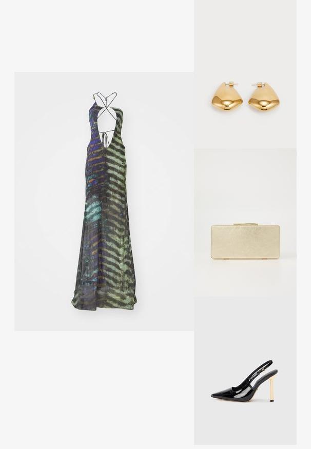 Dolga brezrokavna obleka iz lahkega materiala, ki ima večbarvni abstraktni vzorec v zeleni, modri in črni barvi ter globok dekolte.; Črne patentne kožne slingback visoke petne čevlje s koničastim nosom in zlatim kvadratnim poudarkom na peti. Imajo prilagodljiv gležni trak.; Zlata torbica za naočare s glatkom metalnom površinom, pravokutnog oblika i jednostavnim kopčanjem. Nema vidljivih uzoraka ili ukrasa.; Zlato obarvani kovinski uhani z gladko, zaobljeno trikotno obliko in zasnovo s pritrditvijo na zadnji strani; odbojna površina z minimalnim detajliranjem.