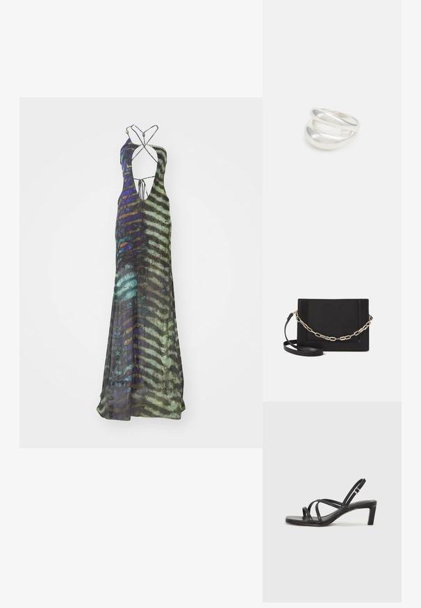 Garšs, bez piedurknēm ražots kleita no viegla auduma, kas rotāta ar daudzkrāsainu abstraktu rakstu zaļā, zilā un melnā krāsā ar dziļu dekoltē.; Melnas strappy sandales ar kvadrātveida purngaliem un zemu bloku papēdi. Ievērojamas ar vairākiem plāniem siksniņām un regulējamu potītes siksniņu. Izgatavotas no gludas ādas.; Melna ādas crossbody soma ar gludu faktūru, taisnstūrveida formu un metalizētu ķēdes detaļu priekšā. Iekļauta regulējama siksna.; Sudraba divu joslu gredzens ar gludu, pulētu virsmu. Iezīmējas ar plūstošu, izliekta dizaina struktūru ar pārklājošām sekcijām modernam izskatam.