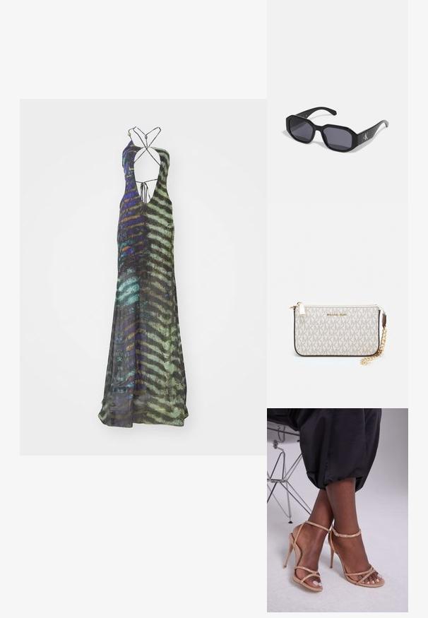 Pitkä, ilman hihoja oleva mekko, joka on valmistettu kevyestä kankaasta ja jossa on monivärinen abstrakti kuvio vihreänä, sinisenä ja mustana, sekä syvä kaula-aukko.; Beige korkease sandaalit, joissa on kristallikoristeluja, avoin varvas, ohuet hihnat ja tyylikäs siluetti.; Mustat aurinkolasit, joissa on oktaalinen kehys, tummat linssit, kiiltävää muovimateriaalia ja hopeinen logoasetelma toisella puolella.; Michael Kors kääröbeige pinnoitettua kangasta, jossa on toistuva MK-logo -kuvio, kultaiset yksityiskohdat ja irrotettava ketjuhihna.