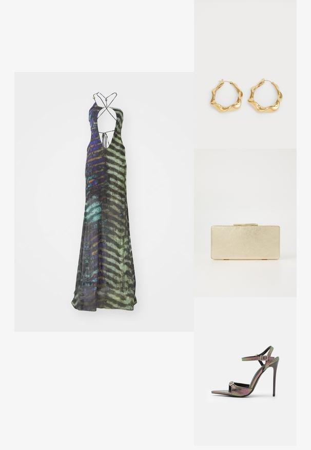 Hosszú, ujjatlan ruha könnyű anyagból, zöld, kék és fekete színű, színes absztrakt mintával, mély dekoltázzsal.; Magassarkú szandál, sokszínű, texturált kígyóbőr mintázattal. Állítható bokapántokkal és hegyes orrú kialakítással rendelkezik.; Arany színű clutch táska sima fémes felülettel, téglalap alakú, egyszerű csattal. Nincsenek látható minták vagy díszítések.; Arany fülbevalók hullámos, texturált formával. Finom drótzárral rendelkezik, és fényes, tükröződő felülete van.