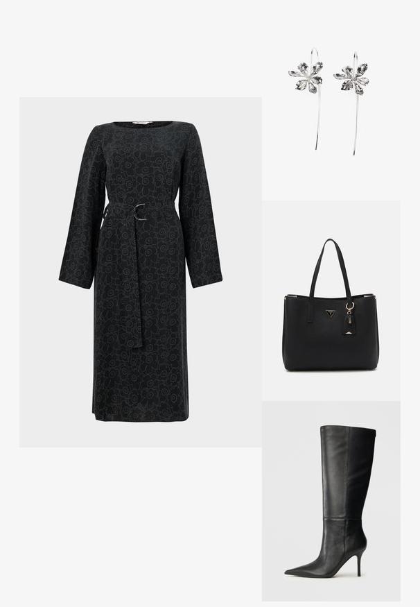 Vestido preto de mangas compridas com um padrão floral em uma tonalidade mais clara, com a cintura atada e decote quadrado. Feito de tecido leve.; Bota preta de couro até ao joelho com ponta fina e salto agulha esbelto, textura suave, perfil lateral sobre um fundo neutro.; Mala tote preta feita de material sintético texturizado, com duas alças, uma placa de logótipo dourada e uma etiqueta pequena com um detalhe em acento.; Brincos em forma de flor prateados com um acabamento texturizado, apresentando ganchos longos e detalhes semelhantes a pétalas para um design intrincado.