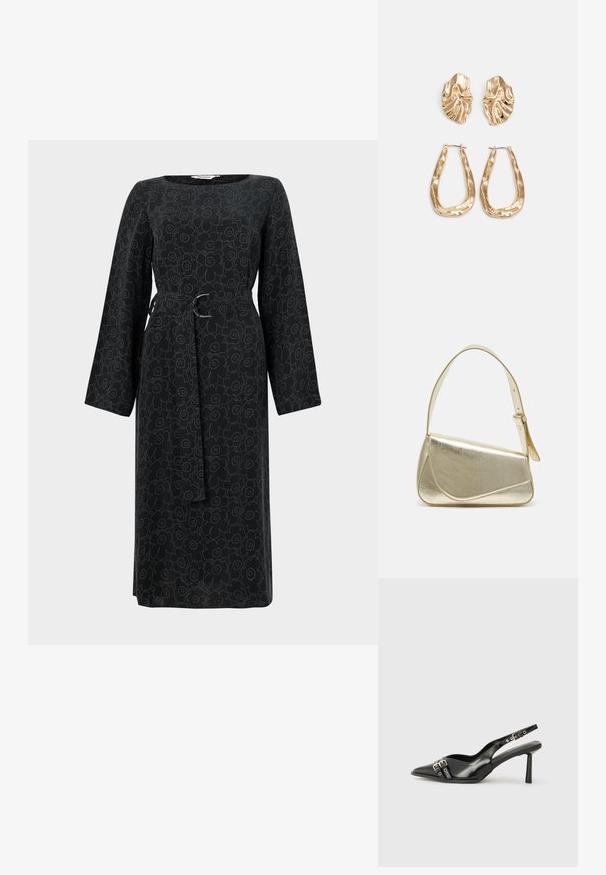 Črna obleka z dolgimi rokavi, ki ima cvetlični vzorec v svetlejši odtenek, s povezanjem v pasu in kvadratnim izrezom. Narejena iz lahkotnega blaga.; Črne patentne usnjene sandale s koničastim nosom, zankami okoli gležnja s srebrnimi sponkami in opremo ter vitkimi petami.; Zlata metalna torbica z urejenim dizajnom, gladko teksturo in nastavljivim trakom. Ima edinstveno trikotno obliko in minimalistično šivanje.; Zlato obarvani uhani z teksturiranimi, valovitimi oblikami. Vključujejo skulpturalne sponke za ušesa in odprto obliko obročka s kladivastim finišem.