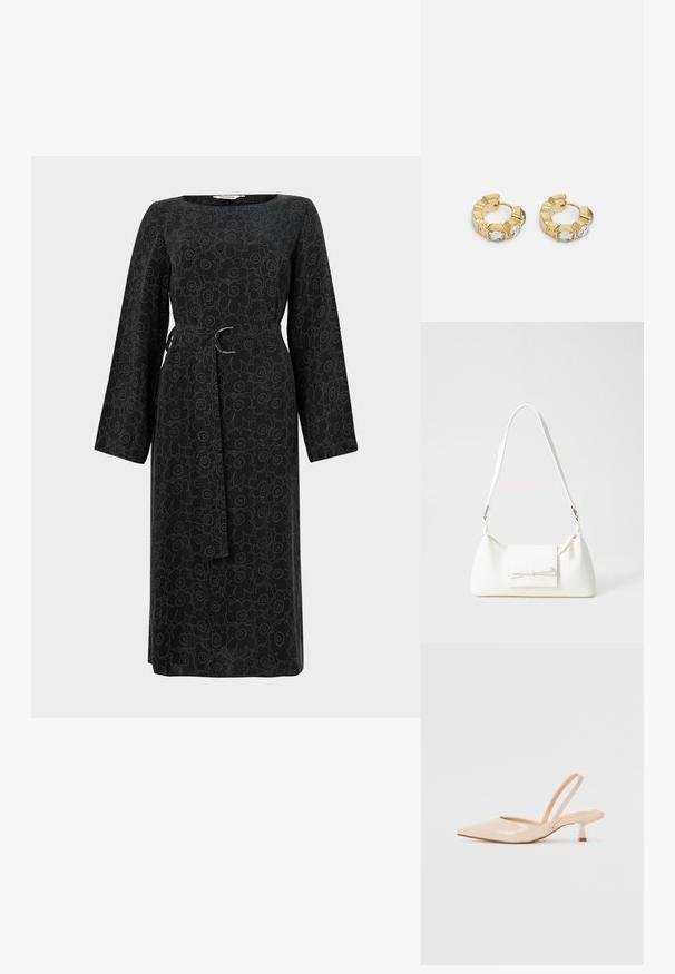 Vestido preto de mangas compridas com um padrão floral em uma tonalidade mais clara, com a cintura atada e decote quadrado. Feito de tecido leve.; Saltos slingback em couro sintético bege com bico apontado e um salto quadrado fino. Textura suave e design minimalista sem embellishments.; Mala sintética branca com formato triangular, aba frontal plana e detalhe de laço, alça ajustável, textura suave e design minimalista.; Brincos de argola dourados com um design texturizado e três cristais transparentes em um lado, oferecendo uma estética geométrica moderna.