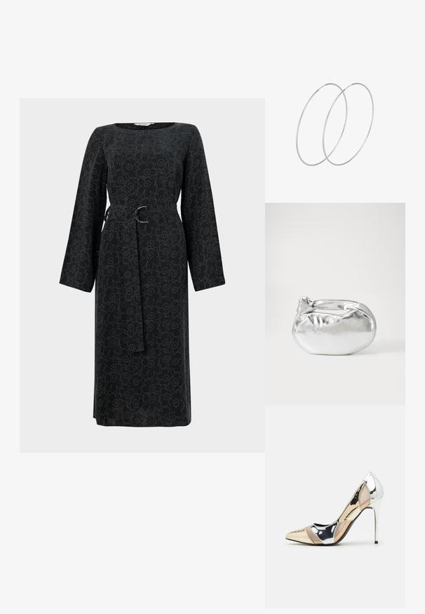 Čierne šaty s dlhým rukávom, ktoré majú kvetinový vzor v svetlejšom odtieni, s previazaným pásom a štvorcovým výstrihom. Vyrobené z ľahkej tkaniny.; Lodičky s špičatou špičkou v striebornom, zlatom a telovom farebnom prevedení. Lesklý povrch s výrezovým dizajnom, s ihlovým opätkom.; Strieborná metalická taška s mäkkým, zaobleným tvarom a uzáverom s uzlíkom. Vyrobená z hladkej syntetickej kože.; Strieborné kruhové náušnice s minimalistickým dizajnom. Cirkulárny tvar, hladký povrch a tenký profil. Ľahké s lesklým povrchom.