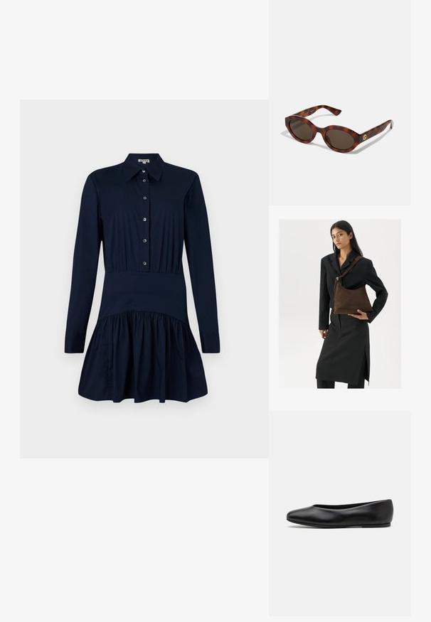 Granatowa sukienka koszulowa z przodem na guziki, długimi rękawami, dopasowaną talią oraz rozszerzonym dołem z marszczeniami przy krawędzi.; Paul Smith TOPANGA czarny; Okulari w karmelowo-brązowym wzorze z okrągłymi oprawkami, ciemnymi soczewkami i złotymi detalami logo na zausznikach. Gładki plastikowy materiał, brak widocznych wzorów.; Kobieta w czarnym żakiecie i spódnicy, trzymająca dużą, ciemnobrązową torbę z zamszu na ramieniu, na białym tle.