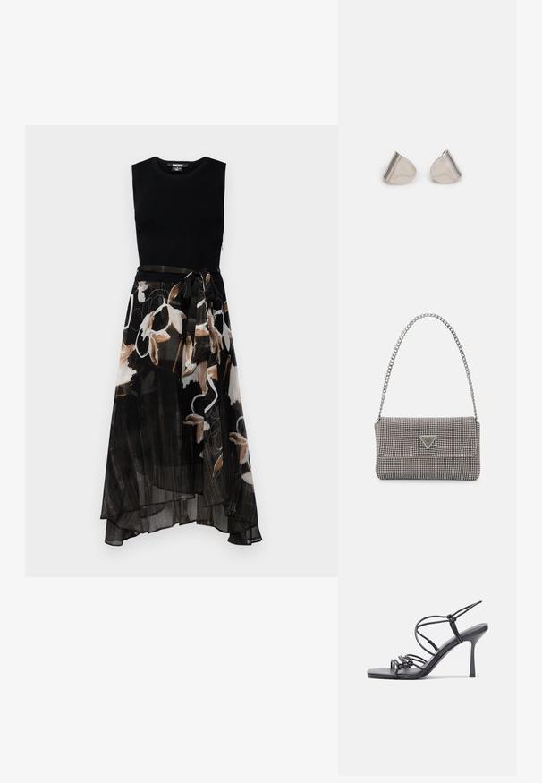 Ujjatlan fekete ruha, amelynek testhezálló bordázott felső része és bő, aszimmetrikus szoknyája van, absztrakt bézs és fehér virágmintákkal, valamint derékra köthető övvel.; Fekete magas sarkú szandálok vékony pántokkal, csomózott mintával, sima négyzetes orral és karcsú stiletto sarkal rendelkeznek.; Világosszürke fémes kézitáska lánc pánttal, kis kör alakú fém kifinomult díszítéssel és háromszög alakú márkagéppel.; Ezüst fém fülbevalók sima, csepp alakú formával és fényes felülettel. Finom gravírozások teszik részletessé. Minimalista dizájn.