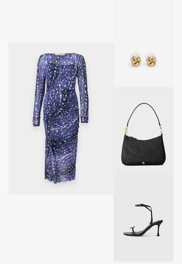 Vestido roxo transparente com mangas longas, design franzido, padrão abstrato em branco e uma fenda lateral. Textura de tecido suave.; Sandal de salto alto preto com tira fina no tornozelo e um destaque vermelho na ponta. Apresenta um design elegante e um acabamento brilhante com salto agulha.; Bolsa de mão em pele preta com um design estruturado, apresentando um fecho com zíper, uma alça destacável e detalhes em metal dourado.; Brincos de pressão em tom dourado com um design torcido. Cada brinco possui uma base circular transparente para um uso seguro.