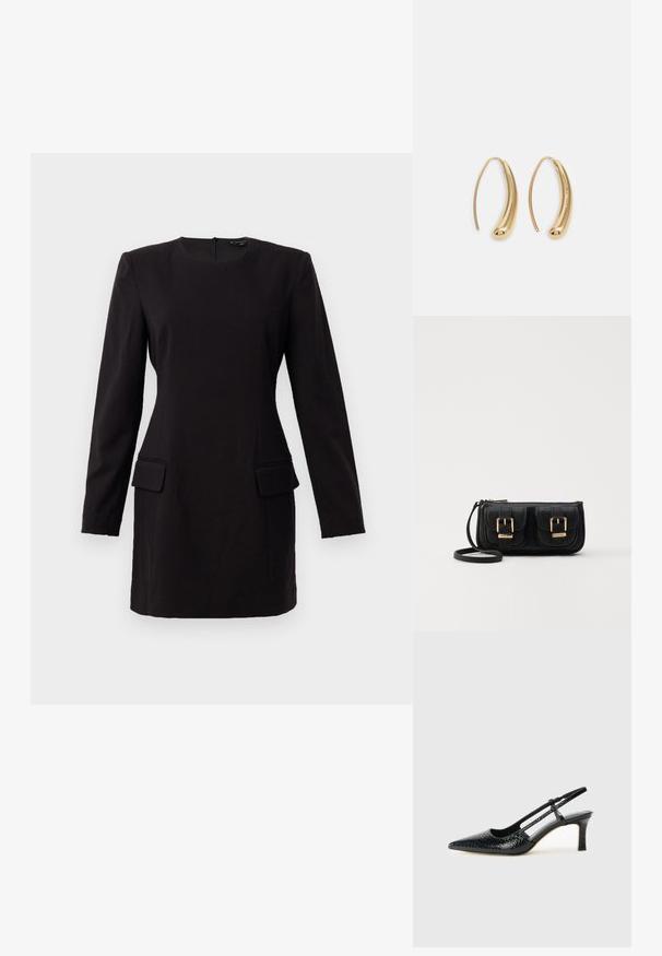 Must mustaga pikad varrukad kleit ümmarguse kaelusega, kahe esipocketiga ja vooluva ilmega, valmistatud sileda kangaga, millel on minimaalne kaunistus.; Mustmust paelad, millel on terav varvas, tekstuuriga maduprindiga, reguleeritav rihm ja lühike tekstuuriga plokknina.; Must küllastamata nahast õlakott, millel on kaks esist nähtavat taskut, kuldsed pandlad, tõmblukuga sulgemine ja peen rihm. Tekstuuriga pind ja kompaktne ristkülikukujuline kuju.; Kuldtoonilised metallist rõngas kõrvarõngad, millel on kõver ja piklik kuju. Omavad siledat, läikivat pinda ja ümarat tipptugevdust, mis lisab detaili.