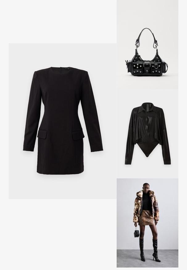 Fekete, hosszú ujjú ruha, kerek nyakkivágással, két elülső zsebbel és karcsú szabású, sima anyagból készült, minimális részletezéssel.; Fekete egyrészes ruházat hosszú ujjakkal, V-kivágással és testhez simuló fazonnal. Fényes, sima anyagból készült, strukturált gallérral és mandzsettákkal.; Barna és fekete mintás puffjú dzseki, barna kígyóbőr mintás mini szoknyával, fekete térdig érő csizmával és egy kicsi fekete táskával párosítva.; Fekete bőr kézitáska ívelt designnal, ezüst szegecsekkel, csattal és két oldalsó zsebbel. Állítható vállpánt a hordozási lehetőségekhez.