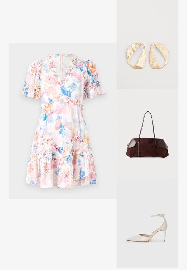 Vestido floral com base branca, apresentando flores em rosa, azul e amarelo. Detalhes em babados nas mangas e na barra, decote em V e cintura ajustada.; Sapato de salto alto em pele branca com biqueira pontiaguda, faixa no tornozelo e um salto fino de stiletto. Textura suave com um leve acabamento brilhante.; Bolsa de camurça castanha com acabamentos em pele, forma estruturada, duas alças de ombro e bordas arredondadas, apresentando uma textura suave e hardware mínimo.; Par de brincos irregulares em forma oval, feitos de metal dourado, com uma superfície texturizada e ligeiramente martelada, sobre um fundo branco.