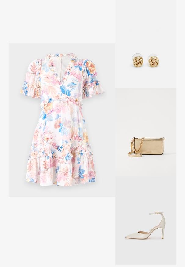 Kvetinové šaty s bielym základom, zdobené ružovými, modrými a žltými kvetmi. Volánové detaily na rukávoch a spodnom leme, v-výstrih a zúžený pás.; Biele kožené topánky na vysokom podpätku s špicatou špičkou, remienkom okolo členka a štíhlym stiletto podpätkom. Hladký povrch s jemným lesklým povrchom.; Metalická zlatá kožená kabelka so štruktúrovaným povrchom, vybavená zlatým reťazovým popruhom a odnímateľným ramenným popruhom. S logom značky vytlačeným na povrchu.; Náušnice s uzlom v zlatej farbe s prekrúteným dizajnom. Každá náušnica má kruhové priehľadné pozadie pre bezpečné nosenie.