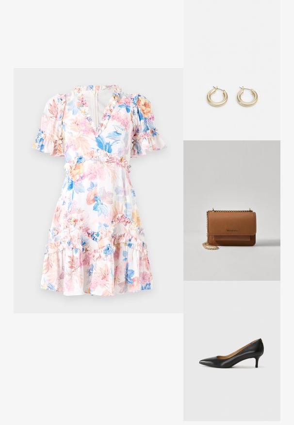 Blomsterkjole med hvit bakgrunn, prydet med rosa, blå og gule blomster. Volanger ved ermer og hem, v-utringning, og en tettsittende midje.; Sorte lærpumpe med spiss tå, lav hæl og en glatt tekstur. Har en liten åpning foran og minimalt med beslag bak.; Brun teksturert lær crossover-veske med gullkjede-stropp og klaffelukking. Fronten har logo-detalj og en lomme under klaffen.; Lauren Ralph Lauren BASIC SMALL HOOP - Øredobber - gold-coloured