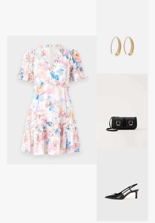 Cvjetna haljina s bijelom podlogom, koja sadrži ružičaste, plave i žute cvjetove. Sadržava volane na rukavima i rubu, v-izrez i strukirani pojas.; Crne lakirane slingback pete s oštrim vrhom, s teksturiranim uzorkom zmijske kože, podesivom remenom i kratkom, teksturiranom blok-petom.; Crna kožna torba preko ramena s dva prednja džepa, zlatnim kopčama, zatvaranjem na zip i uskim remenom. Teksturirana površina i kompaktan pravokutan oblik.; Zlatne metalne naušnice u obliku obruča s zakrivljenim, izduženim oblikom. Imaju glatku, sjajnu površinu i zaobljeni vrh za dodatni detalj.