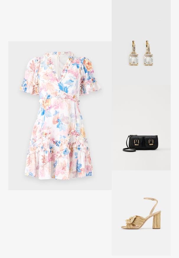 Cvečna obleka z belo podlago, ki vključuje rožnate, modre in rumene cvetove. Naborki na rokavih in robu, v-oblikovan izrez ter prilegajoč pas.; Zlate sandale s peto in vozlom spredaj, z naborki teksturo in trakcem okoli gležnja. Blok peta ima rebrast dizajn, ki izboljšuje oprijem.; Črna usnjena torbica čez ramo z dvema sprednjima žepoma, zlatimi zaponkami, zadrgo in ozkim pasom. Tekstura površine je strukturirana, obliko pa ima kompaktno pravokotno.; Zlato obarvani uhani, ki vsebujejo pravokoten, prozoren kristal, obešen pod vrsto majhnih, okroglih prozornih dodatkov. Elegantna, moderna zasnova.