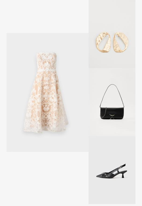 Marchesa Notte Gallakjole - ivory; Sort lædersandal med spids tå, dekorative stropper med metaløjer og en lav blokhæl. Struktureret overflade.; Sort læderhåndtaske med en sølv kædestrop, der har dekorative vingedetaljer og hvid syning langs bunden.; Et par uregelmæssige ovalformede øreringe i guldtonet metal med en tekstureret, let hamret overflade på en hvid baggrund.
