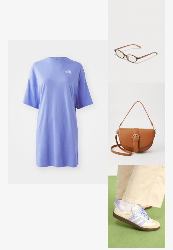 Světle fialové tričko vyrobené z bavlny. Má kulatý výstřih a krátké, široké rukávy. Na horní levé části hrudi je vytištěno logo The North Face.; Krémové a levandulové tenisky se třemi pruhy a texturovanou hnědou podrážkou, vybavené tkaničkami a polstrovanou patou. Měkký textilní svršek.; Hnědé želvovinové brýle s oválnými skly, tenkými bočními nohami a průhlednými akcenty. Obsahují decentní logo na stranu. Elegantní, lehký design.; Hnědá kožená křížová taška s zakřiveným tvarem, zlatými detaily a akcentem s přezkou. Obsahuje odnímatelný popruh na rameno.