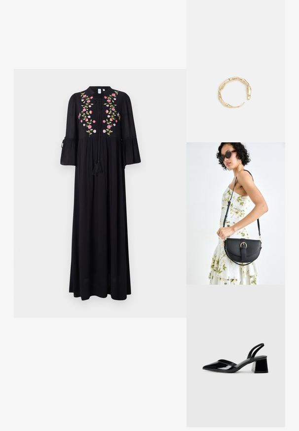 Svart maxiklänning med trumpetsärmar, prydd med blommig brodyr i rosa, grön och vit, samt en fransdetalj vid halsringningen.; Svarta lackläder slingback klackar med spetsig tå och geometrisk klack. Har en elegant, minimalistisk design och slät yta.; Svart läderhandväska med en böjd form, avtagbar rem och guldiga detaljer. Väskan har ett lock med en spänndetalj.; Ring i guldutförande med en organisk, vriden design, slät yta och avsmalnande ändar, vilket ger ett modernt, skulpturalt utseende.