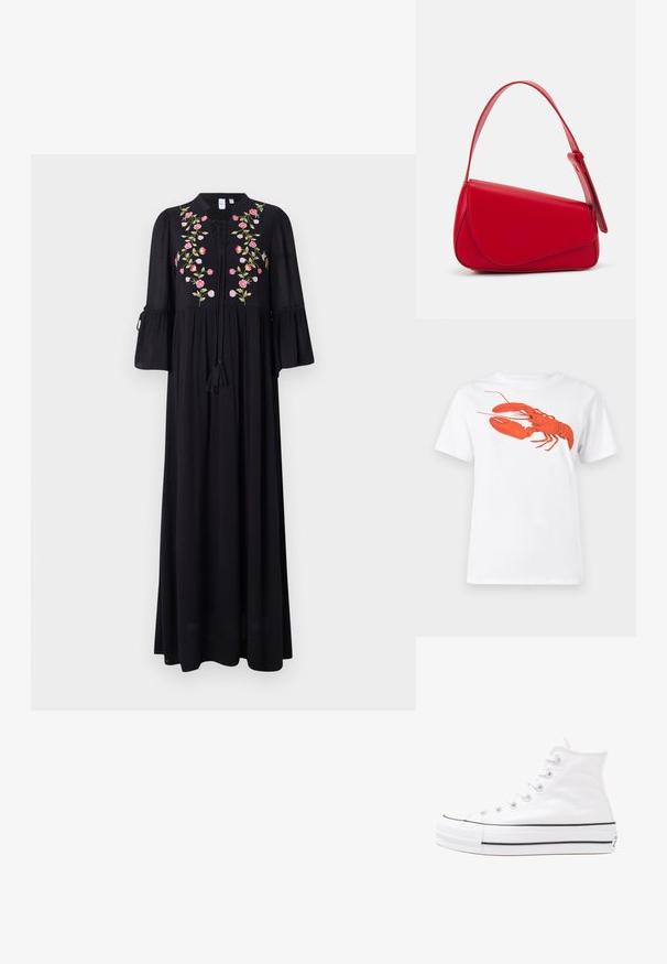 Schwarzes Maxikleid mit Glockenärmeln, verziert mit floralem Stickereien in Pink, Grün und Weiß, sowie einer Quastenbindedetail am Ausschnitt.; Weißes Baumwoll-T-Shirt mit einem großen, leuchtend roten Hummer-Design auf der Vorderseite. Mit kurzen Ärmeln und klassischem Rundhalsausschnitt.; Weiße hochwertige Leinensneaker mit schwarzer Gummisohle, vorderem Gummizehenschutz und sechs Ösen für Schnürsenkel, die ein sauberes, minimalistisches Design aufweisen.; Rote Lederhandtasche mit einem kantigen, geometrischen Design. Verfügt über einen verstellbaren Schulterriemen und einen Klappenverschluss mit genähten Details.