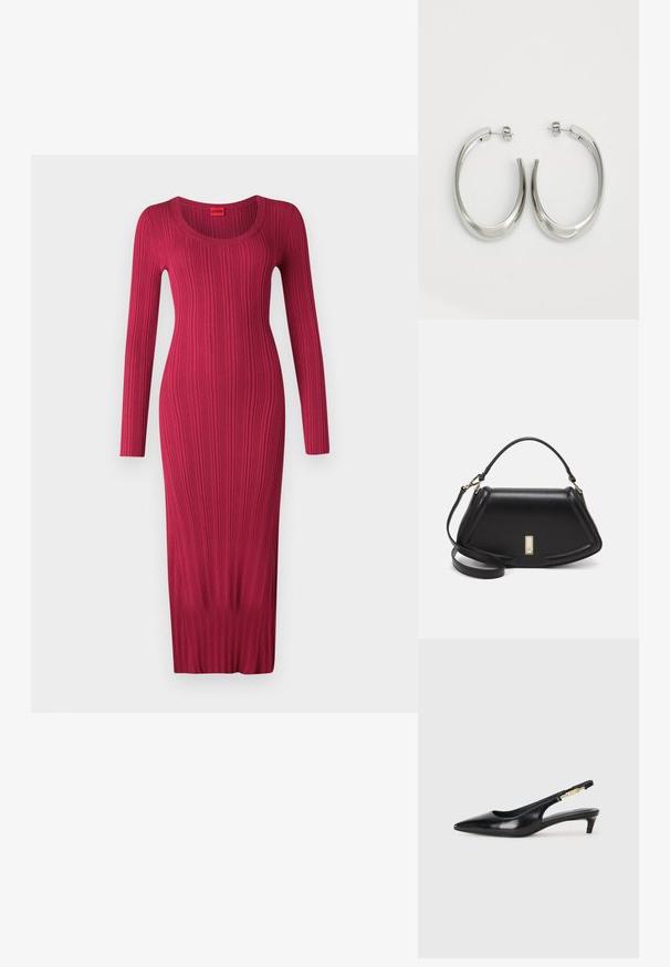 Pikakarva, soonikutiga fuksia värvi kleit. Omab figuuri rõhutavat lõiget ja ulatub keskmise sääreni.; Mustad nahast slingback kontsad terava ninaga, millel on õhuke konts ja kuldse tooni aktsent reguleeritaval rihmal. Sile tekstuur.; Must mustrist käekott, millel on struktureeritud disain, lühendatud kuju, ülemine käepide ja kuldne metallist detail. Reguleeritav õlalihm on kaasas.; Hõbe rõngas kõrvarõngad, millel on sujuv ja kõver kuju. Omab läikivat metallist viimistlust ja nupuga sulgemist. Pole nähtavaid mustreid ega aksessuaare.