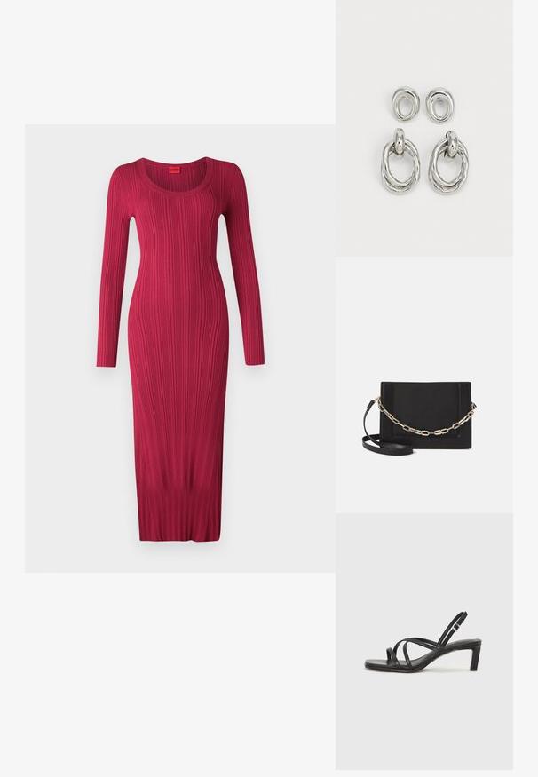 Garām piedurknēm, ribota adījuma kleita fuksijas krāsā ar apaļu kakla izgriezumu. Ievērojama pieguloša silueta un līdz ceļgaliem.; Melnas strappy sandales ar kvadrātveida purngaliem un zemu bloku papēdi. Ievērojamas ar vairākiem plāniem siksniņām un regulējamu potītes siksniņu. Izgatavotas no gludas ādas.; Melna ādas crossbody soma ar gludu faktūru, taisnstūrveida formu un metalizētu ķēdes detaļu priekšā. Iekļauta regulējama siksna.; Sudraba tonēti metāla auskari ar divām dizaina variācijām: savītas apaļas gredzens un gluds apaļš pīrsings. Atstarojoša virsma pastiprina eleganci.