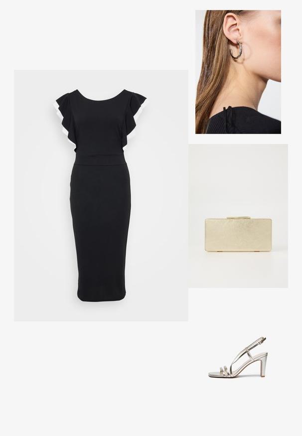 Melna kleita ar izplūstoām piedurknēm, kas izceļ baltu apdari, pieguļošs klātīkums un midi garuma siluets, izgatavots no gludas auduma.; Metāliski sudraba augstpapēžu sandaļi ar atvērtu purngalu, kas aprīkoti ar trim plāniem siksniņām pāri pēdai un potītes siksniņu ar sprādzi.; Zelta naudas maciņš ar gludu metālisku apdari, taisnstūra forma un vienkārša aizdare. Nav redzamu rakstu vai rotājumu.; Sudraba auskars ar pulētu apdari, ar maziem zelta akcentiem un apaļu formu, uz ausu ļipiņas.