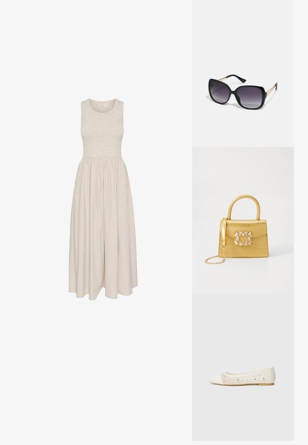 Sleeveless, knee-length dress in beige with a fitted bodice and gathered skirt. Made from soft fabric with a smooth texture.; Pointed-toe flat in cream leather with transparent upper featuring scattered rhinestones. Soft sole for comfort, minimalistic design.; Black oversized sunglasses with gradient lenses, thick frames, and gold-tone chain detailing on the temple arms.; Yellow faux-crocodile handbag with a structured design, top handle, detachable chain strap, and decorative crystal embellishment on the clasp.