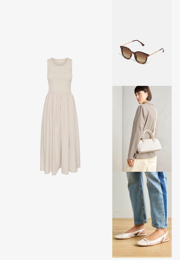 Küljelt avatud, põlvepikkune kleit beežis värvitoonis, millel on sobiv kehaosa ja volditud seelik. Valmistatud pehmest kangast, millel on sujuv tekstuur.; Kahvatu roosa slingback lapikute jalatsite paar, millel on terav varvas, valmistatud siledast nahataolisest materjalist. Omab külgedel lõikekohti ja lapikut kontsa.; Kilpkonnakujulised päikeseprillid, millel on pruunid gradient objektiivid, ümar kuju ja kuldtooni metallaktsendid tempelitel.; Valge struktureeritud käekott lühikeste käepidemete ja õlavööga, millel on kuldse riistvara aktsendid ja tekstuuriga materjal, eksponeeritud halli taustal.