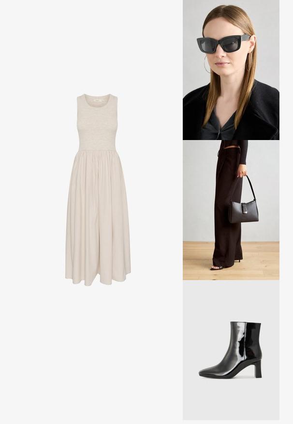 Sleeveless, knee-length dress in beige with a fitted bodice and gathered skirt. Made from soft fabric with a smooth texture.; Black patent leather ankle boot with a pointed toe and a mid-height block heel. Smooth texture and minimalist design.; Black cat-eye sunglasses with dark lenses, thick frames, and subtle accents. Worn with a black coat and gray top, featuring long straight hair.; Black handbag with structured shape, smooth texture, and a metallic clasp. Paired with wide black pants and open-toe sandals on wooden floor.