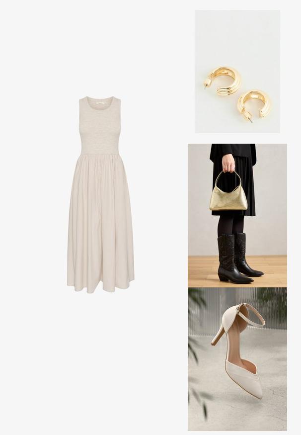 Bezrukávové, po kolená dlhé šaty v béžovej farbe s priliehavým korzetom a nabrúsenou sukňou. Vyrobené z mäkkej tkaniny s hladkou textúrou.; Biele vysoké lodičky z hladkého materiálu s špicatou špičkou a členkovým remienkom. Majú svetlohnedý interiér a akcenty v zlatej farbe.; Zlatá textúrovaná kabelka s zakriveným tvarom a krátkou rukoväťou, ktorú drží osoba oblečená v čiernej plisovanej sukni a čiernych kožených cowboyských čižmách.; Náušnice zlatého tónu v tvare kruhu s lesklým povrchom, ktoré majú vyžaduje vzor a uzatváranie na zadnej strane. Okatý, robustný tvar.