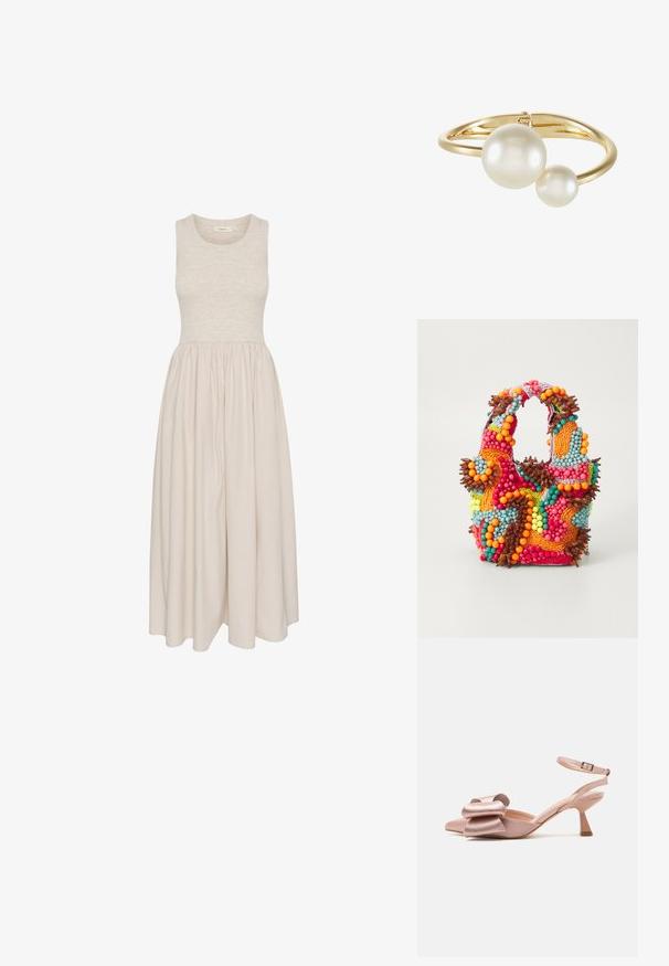 Ärmlös klänning i knälängd med en figurnära överdel och volangkjol. Tillverkad av mjukt tyg med en slät yta.; Rosa satin hälled sandle med spetsig tå, rosettdetalj framtill och en smal ankelsnodd. Klacken har en avsmalnande blockform.; Pärlat handväska med livliga färger: rosa, orange, blå och brun. Texturerad yta med rundade pärlor och organiska former, robusta handtag.; sweet deluxe JANIKA - Armband - gold-coloured