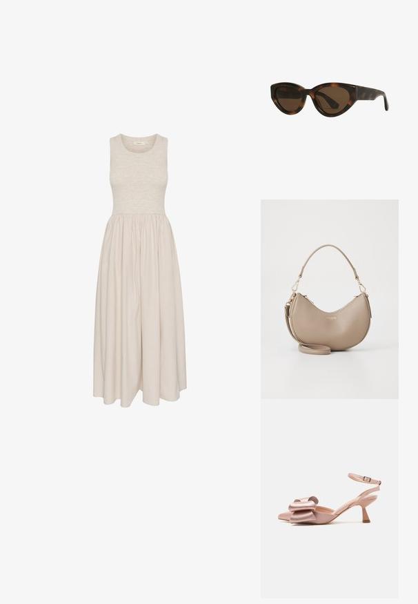 Ärmelloses, knielanges Kleid in Beige mit tailliertem Oberteil und gerafftem Rock. Hergestellt aus einem weichen Stoff mit glatter Textur.; Rosa satinierte Slingback-Pumpe mit spitzer Zehe, Schleifendetail an der Vorderseite und schmalem Knöchelriemen. Der Absatz hat eine konische Blockform.; Schildpatt-farbene Cat-Eye-Sonnenbrille mit braunen Gläsern, ausgestattet mit glatten, glänzenden Kunststoffrahmen und einem eleganten Design. Keine sichtbaren Logos oder Akzente.; Beige, halbmonddförmige Lederhandtasche mit Oberreißverschluss, abnehmbarem Schulterriemen und goldenem "Lacoste Paris"-Logo auf der Vorderseite.