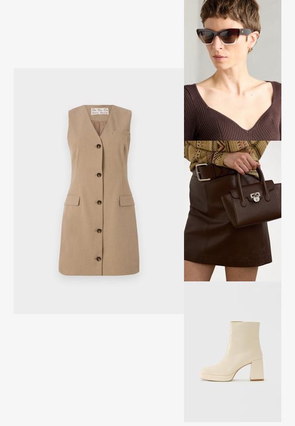 Senøtt beige kjole med V-hals, fem mørke knapper foran, to klaffelommer og en liten brystlomme. Glatt stofftekstur.; Beige lærankelstøvlett med blokkhæl og plattformsåle, glatt overflate og lett firkantet tå, vendt mot venstre på hvit bakgrunn.; Brune katter-faner solbriller med gradientlinser, en tykk skilpaddefarget ramme, og kontrasterende mørke stenger med en subtil logo detaljer.; Brun skinnveske med strukturert overflate og sølvfarget hardware, holdt med en hånd ved siden av et brun skinnskjørt og et mønstrete genser.