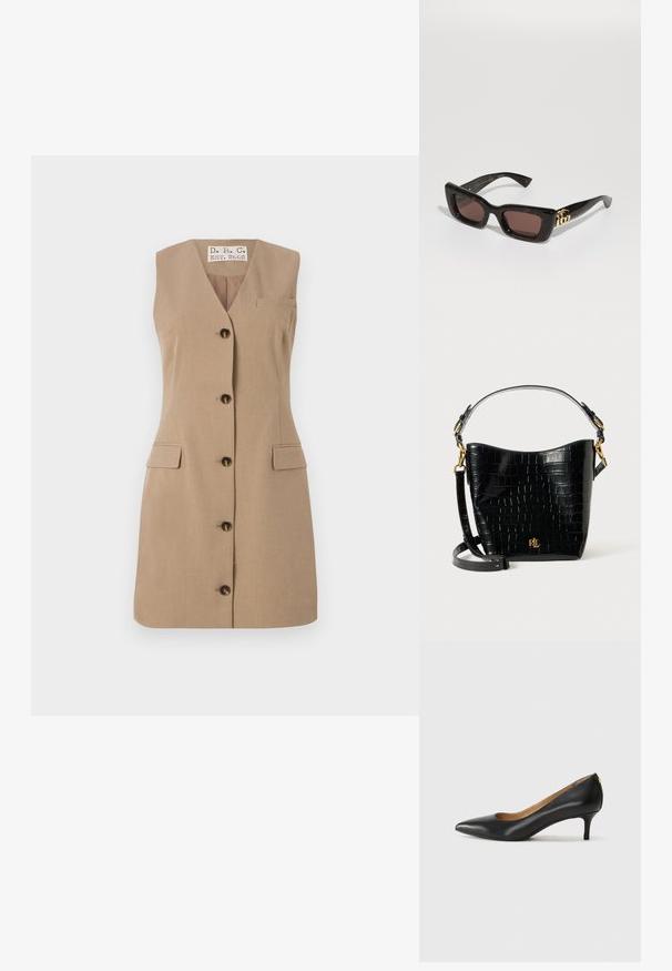 Rochie bej fără mâneci, cu decolteu în V, cinci nasturi negri pe față, două buzunare cu clapete și un buzunar mic pe piept. Textura materialului este netedă.; Pantofii din piele neagră au vârful ascuțit, toc mic și o textură netedă. Au o deschidere ușoară în față și un hardware minim în spate.; Ochelari de soare tortoiseshell negri cu lentile dreptunghiulare, nuanță de maron, ramă groasă și detaliu cu logo dublu-G aurie pe temple.; Geantă din piele cu embossare croc neagră, cu o formă curbată, accente din metal aurit, curea ajustabilă și un detaliu cu logo în față.