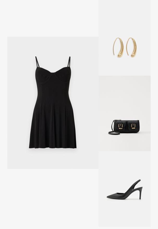 Černé šaty s přiléhavým korzetem a rozšířenou sukní; mají nastavitelné ramínka a hladkou texturu. Jednoduchý design bez vzorů nebo akcentů.; Černé kožené lodičky na podpatku s otevřenou patou a špičatou špičkou, s výřezem na přední straně a tenkým jehlovým podpatkem.; Černá kožená crossbody taška se dvěma předními kapsami, zlatými přezkami, zipovým uzávěrem a štíhlým popruhem. Texturovaný povrch a kompaktní obdélníkový tvar.; Náušnice ve tvaru kruhu z pozlaceného kovu s vroubkovaným, prodlouženým tvarem. Mají hladký, lesklý povrch a zaoblený konec pro zvýraznění detailu.