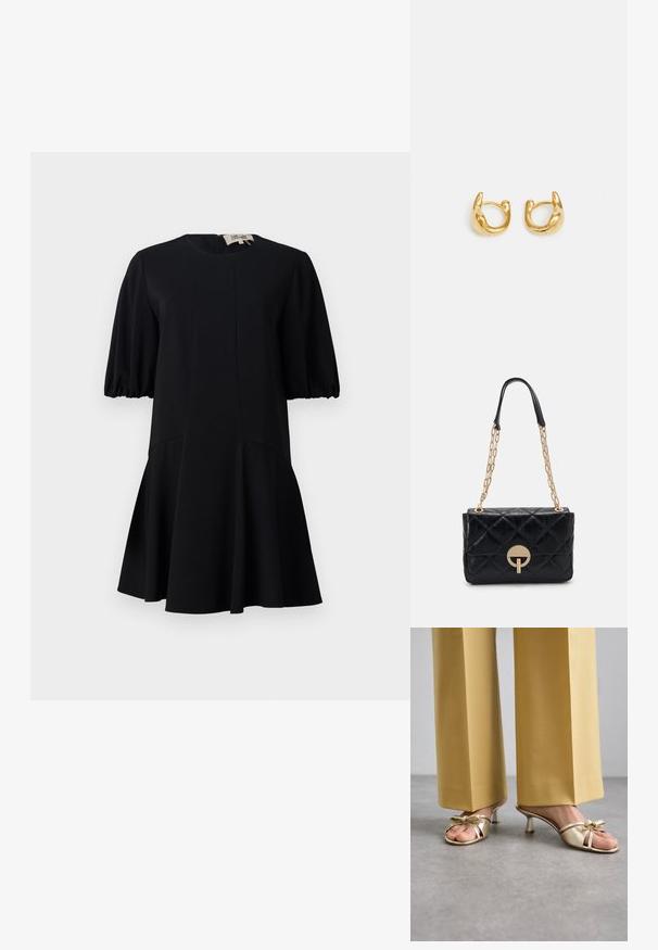 Czarna sukienka z okrągłym dekoltem, krótkimi bufiastymi rękawami i rozkloszowanym dołem. Wykonana z gładkiego materiału z przeszyciami.; Stuart Weitzman FELICITY złoty; Czarna pikowana skórzana torebka z złotym łańcuchem, z okrągłym zapięciem. Kompaktowy prostokątny kształt o gładkiej fakturze.; Złote kolczyki w kształcie hoop charakteryzujące się gładkim, zaokrąglonym wzornictwem z połyskliwym wykończeniem. Kolczyki mają kompaktowy, masywny kształt oraz bezszwowy zamek.