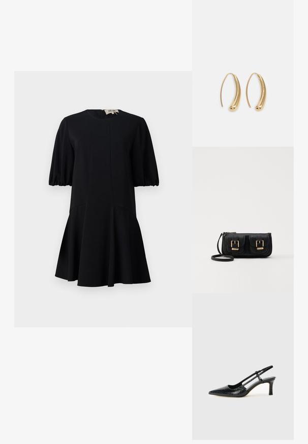 Czarna sukienka z okrągłym dekoltem, krótkimi bufiastymi rękawami i rozkloszowanym dołem. Wykonana z gładkiego materiału z przeszyciami.; Czarne lakierowane czółenka na obcasie typu slingback z wąskim noskiem, z teksturowanym wzorem wężowym, regulowanym paskiem oraz krótkim, teksturowanym obcasem w kształcie słupka.; Czarna skórzana torba na ramię z dwoma przednimi kieszeniami, złotymi klamrami, zamkiem błyskawicznym i cienkim paskiem. Teksturowana powierzchnia i kompaktowy prostokątny kształt.; Złote metalowe kolczyki w kształcie obręczy o zakrzywionym, wydłużonym kształcie. Posiadają gładką, błyszczącą powierzchnię oraz zaokrąglony koniec dla dodatkowego efektu.