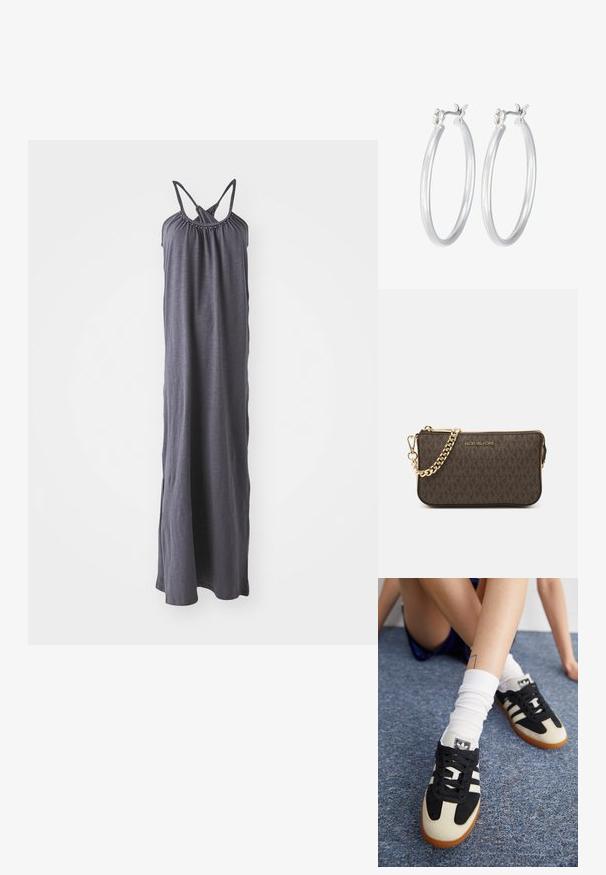 Maxi šaty z tmavošedej látky s naťahovacím výstrihom a nastaviteľnými ramienkami. Obsahujú bočné rozparky pre pohodlný pohyb. Dlhý, voľný dizajn.; Čierno-biele športové topánky so zvrškom z semišu a kože, s tromi bielymi prúžkami a gumenou podrážkou. Pár je kombinovaný s bielymi ponožkami.; Hnedá kožená crossbody taška s logom, zlatým reťazcom, zipsovým uzáverom a zlatými prvkami. Kompaktnej a obdĺžnikovej forme.; Strieborné kruhové náušnice s hladkým, lesklým povrchom. Kolový tvar a bezpečné klikanie na uzatváranie. Ľahký dizajn vhodný na každodenné nosenie.