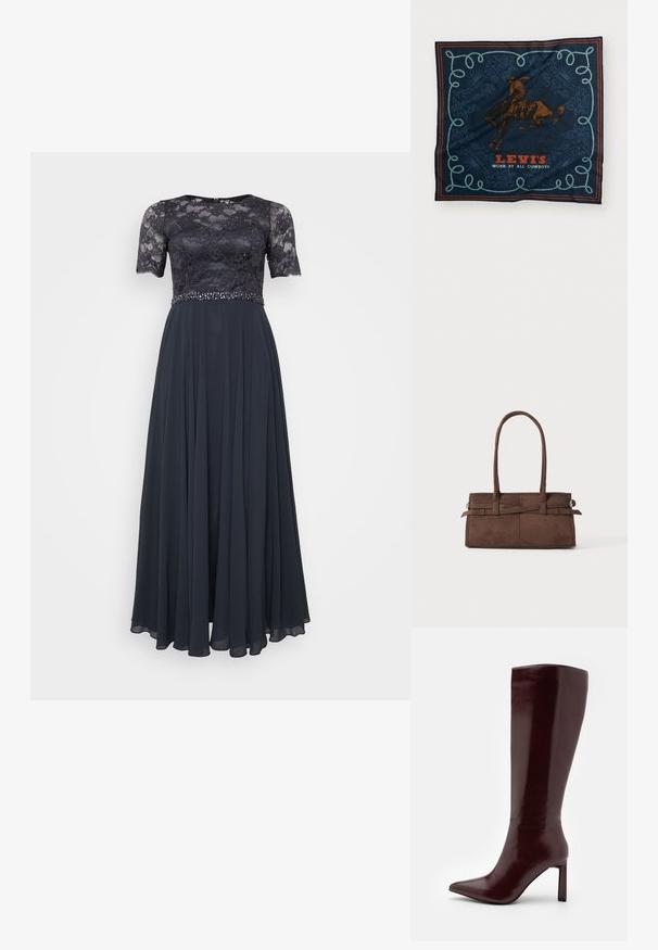 Granatowa sukienka wieczorowa z koronkowym gorsetem, krótkimi rękawami i ozdobnym pasem; zwiewna spódnica z szyfonu o pełnej sylwetce.; Even&Odd - Kozaki; Granatowy jedwabny szalik z grafiką jeźdźca na brązowym koniu, dekoracyjnym wzorem niebieskiego sznura oraz napisem „LEVI’S NOSZONY PRZEZ WSZYSTKICH KOWBOJÓW” na czerwono.; Brązowa torebka z zamszu z dwoma mocnymi uchwytami, prostokątnym kształtem i ozdobnym paskiem na przodzie.