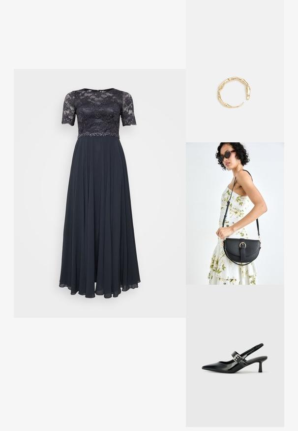 Navyblaues Abendkleid mit Spitzenoberteil, kurzen Ärmeln und verziertem Taillenbund; fließender Chiffonrock mit voluminösem Schnitt.; Schwarze Lackleder Slingback-Absätze mit spitzem Zeh und kleinem Blockabsatz, ausgestattet mit einem silbernen Schnallenakzent am Riemen.; Schwarze Lederhandtasche mit geschwungener Form, abnehmbarem Tragegurt und goldenen Beschlägen. Die Tasche verfügt über einen Deckel mit einer Schnallen-Details.; Goldfarbener Ring mit einem organischen, gedrehten Design, glatter Oberfläche und sich verjüngenden Enden, was ein modernes, skulpturales Erscheinungsbild erzeugt.