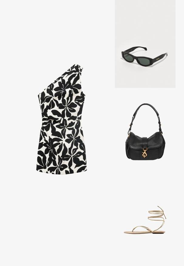 Asymmetrisches, schwarz-weißes Blumenshirt mit einseitigem Schulterdesign, aus leichtem Stoff mit großen Blattmustern.; Goldene flache Sandale mit dünnen, spiralförmigen Knöchelriemen, offenen Zehen und einer minimalistischen Sohle. Verfügt über eine glatte, metallische Oberfläche.; Schwarze rechteckige Sonnenbrille mit grünen Gläsern, ausgestattet mit markanten Fassungen und goldener "VERSACE"-Markierung an den Bügeln.; Schwarze Lederhandtasche mit einem geschwungenen Design, goldenen Beschlägen, einem oberen Klappenverschluss und einem kurzen Griff. Verfügt über eine strukturierte Oberfläche und einen markanten Verschluss.