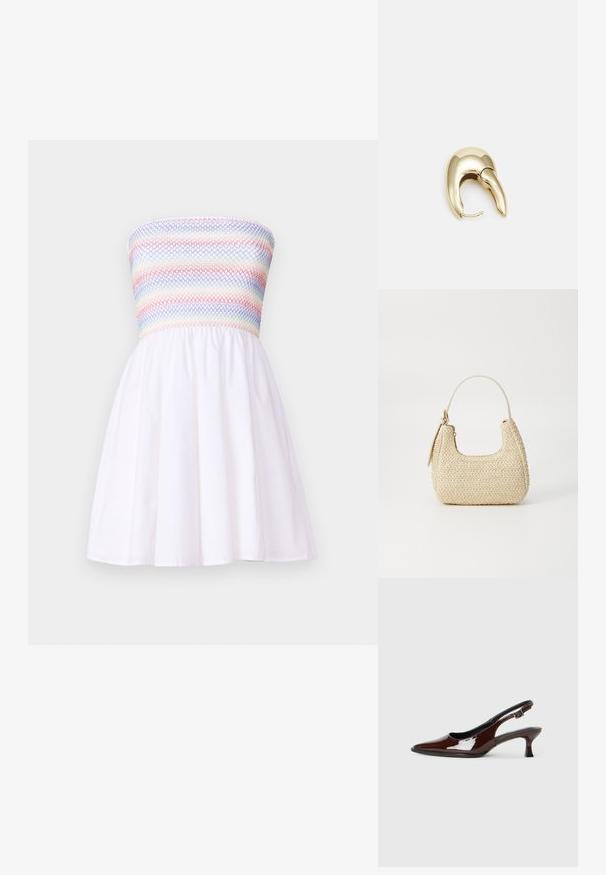 Kleita bez siksnām ar šūto, daudzkrāsaino augšu un izplestu balto svārku. Izgatavota no viegla auduma, ar gludu tekstūru.; Brūnas patentētas ādas sprauga kurpes ar norādītu pirkstu un mērenu papēdi. Aprīkotas ar sprādzi, lai nodrošinātu drošu fit. Gluda tekstūra.; Aušana salmu rokassoma béigā krāsā ar izliekto formu, īsu rokturi un sānu rāvējslēdzēju. Iespējas teksturēta virsma un minimālistisks dizains.; Zeltīti metāla auskari ar gludu, izliekta dizaina. Ar atšķirīgu smailu formu, pulētu virsmu un eņģu aizdari.