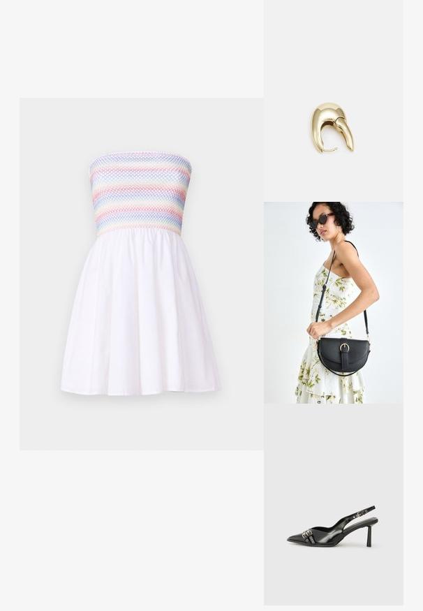 Strapless jurk met een gesmockte, multicolore bodice en een uitlopende witte rok. Gemaakt van lichte stof met een soepele textuur.; Zwarte gepolijste leren slingback schoenen met een puntige neus, enkelbandjes met zilveren gespen en hardware, en een slanke hak.; Zwarte leren handtas met een gebogen vorm, afneembare schouderband en gouden hardware. De tas heeft een klep met een gespsluiting.; Gouden metalen oorbel met een slank, gebogen ontwerp. Beschikt over een kenmerkende puntige vorm, gepolijste oppervlakte en scharnier sluiting.