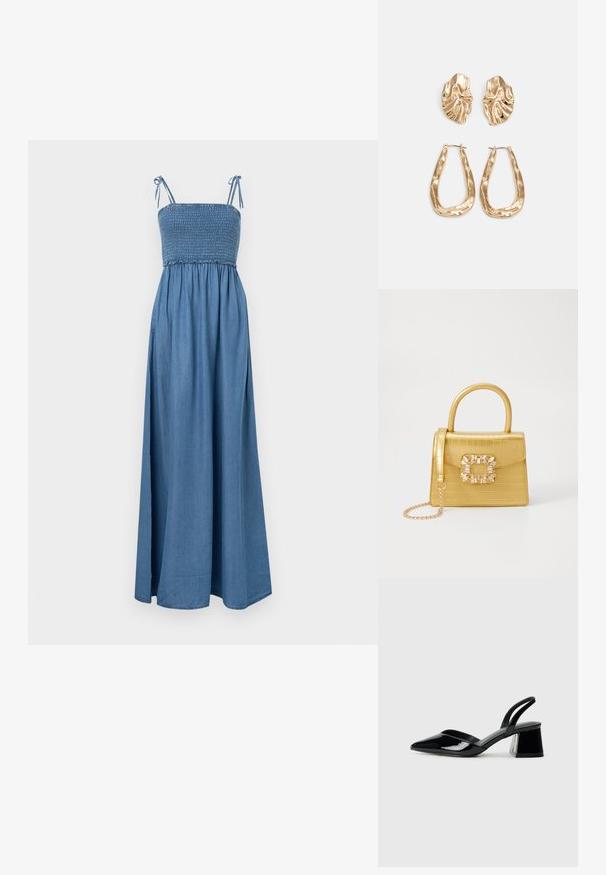 Vestido maxi de denim com alças finas ajustáveis, corpete franzido e saia plissada, apresentando uma cor azul clara sólida e textura suave.; Sandy em verniz preto com salto slingback, ponta afilada e salto geométrico. Apresenta um design elegante e minimalista com textura suave.; Bolsa amarela em pele de crocodilo falsa, com um design estruturado, pega no topo, alça de corrente removível e decoração de cristal no fecho.; Brincos em tom de ouro com formas onduladas e texturizadas. Inclui studs escultóricos com presilha e um design de argola aberta com um acabamento martelado.