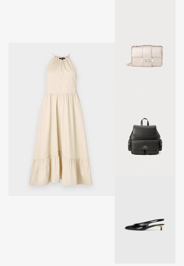 Šviesiai rudos spalvos halter tipo suknelė su surinktu iškirpimu, elastinga juosmens dalimi ir išsiplėtusia sijonine dalimi su raukiniais. Pagaminta iš lengvos medvilninės medžiagos.; Juodos slingback aukštakulniai su pailgu pirštu, blizgi odinė apdaila ir mažas kulnas su auksiniu akcentu. Išmanus dizainas su atviru nugara.; Juodas odinis kuprinė su uždengimu, priekinė kišenė, šoninės užtrauktukų kišenės ir viršutinė rankena. Priekyje yra logotipo detalizavimas.; Smėlio spalvos siuvinėta odinė rankinė su sidabriniu grandinės dirželiu, turinti stačiakampį formą ir ryškų AX logotipo detales.