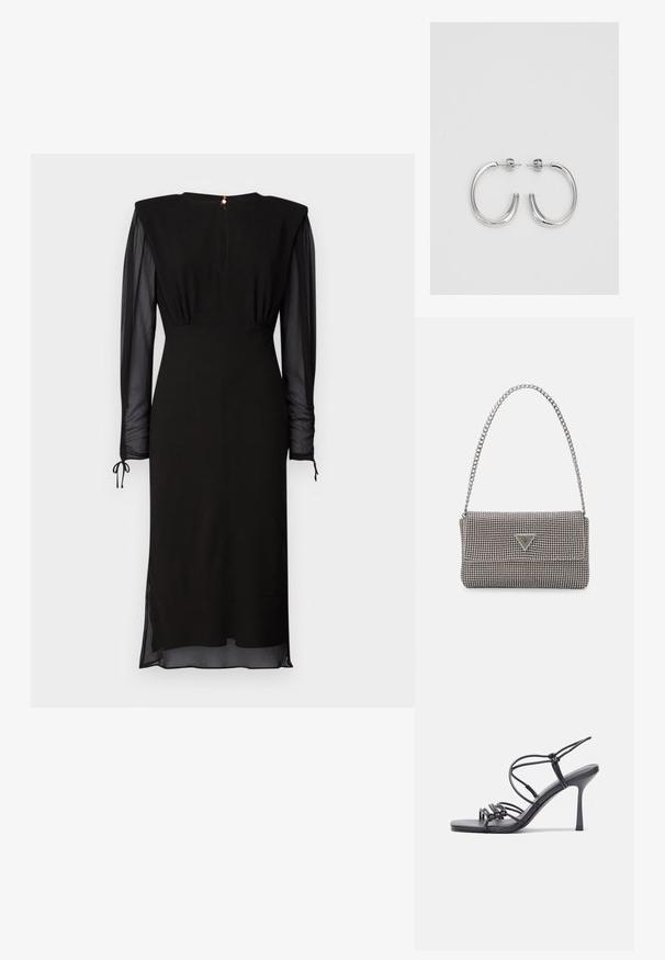 Rochie midi neagră cu umeri căptușiți, mâneci lungi transparente, talie strânsă și închidere la spate cu buton și deschidere în formă de cheie.; Sandale negre cu toc înalt au curele subțiri cu un design legat, un vârf pătrat neted și un toc stiletto elegant.; Geantă metalică gri deschis, cu un strap din lanț, decorată cu mici ținte circulare metalice și un logo de marcă triangular.; Cercei rotunzi din argint cu un finisaj neted și strălucitor. Design ușor, având o formă rotundă și închidere cu tijă.